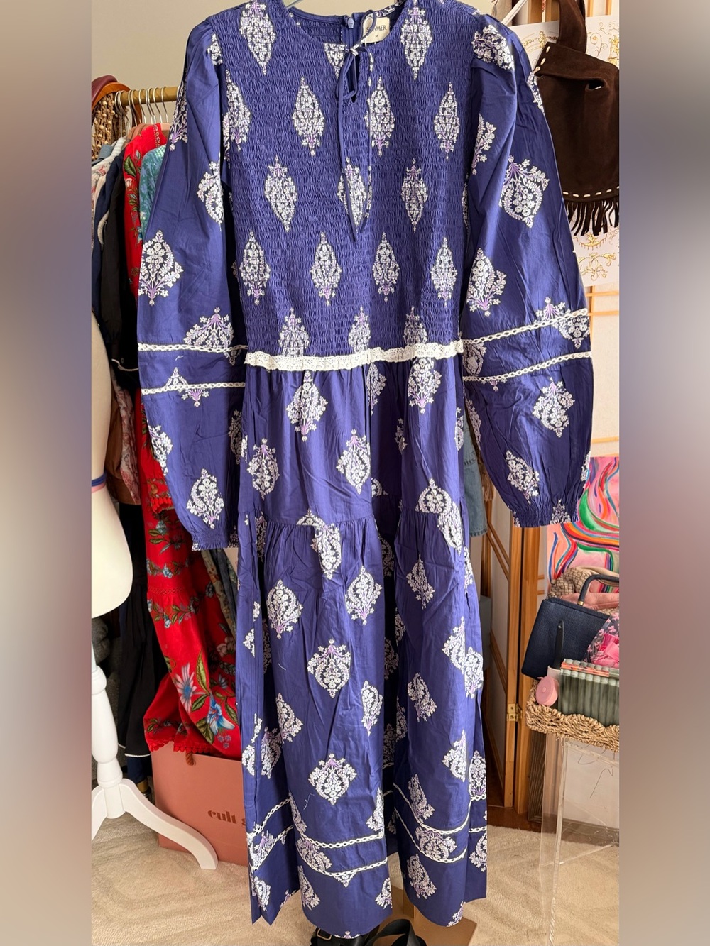 NWT Sonnmer Camila Blue Floral Smocked Maxi Dress Size M